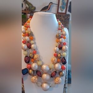 Vintage 3 Strand Japan Lucite And Glass Necklace
